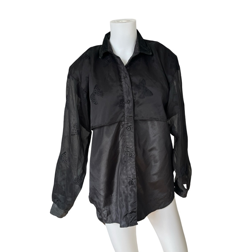 Vintage Roper Black blouse Button Up Long Sleeve Sheer Sleeves Bows Size Medium